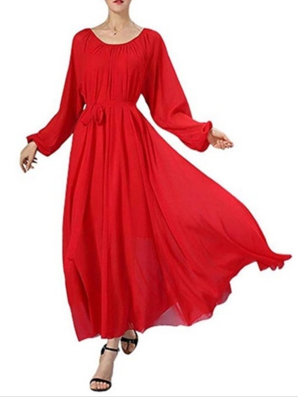 Buenos Ninos XL Chiffon Flowy Deep Red Maxi Long Sleeve Waist Tie Nwt
